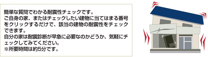 簡単な質問でわかる耐震性チェックです。ご自身の家、またはチェックしたい建物に当てはまる番号をクリックするだけで、該当の建物の耐震性をチェックできます。自分の家は耐震診断が早急に必要なのかどうか、気軽にチェックしてみてください。※所要時間は約5分です。